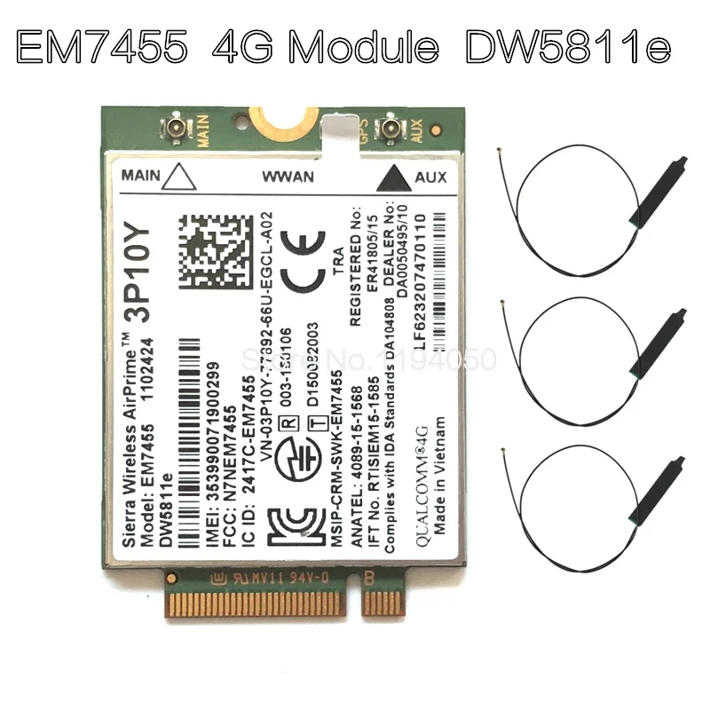 dw5811e Беспроводной модуль EM7455 LTE 4G NGFF DW5811E 3P10Y 300 M para E7270 E7470 E7370 E5570 Sem Fio FDD/TDD LTE Gobi6000 + ANTEN