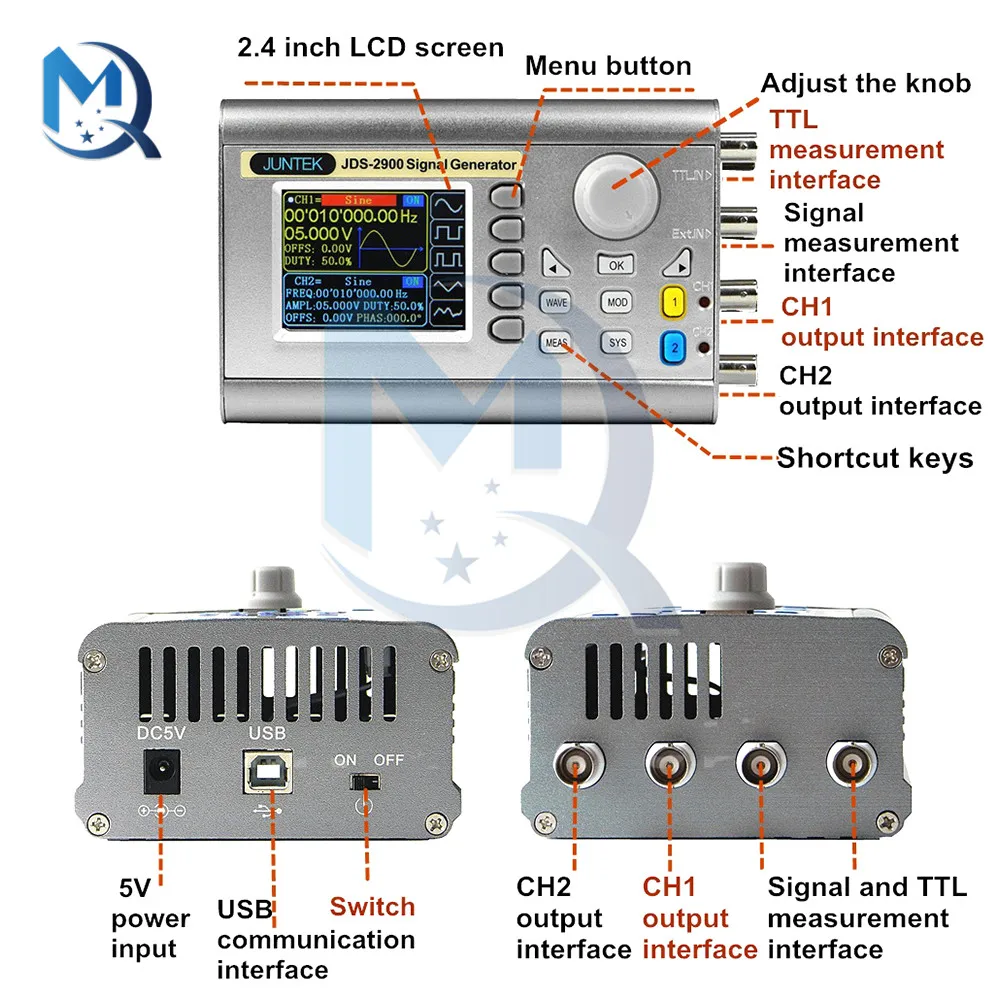 DC5V JDS2900-60MHz Комплект генератора сигналов USB-последовательный интерфейс 2,4-дюймовый TFT-дисплей Функция DDS Генератор сигналов произвольной волны