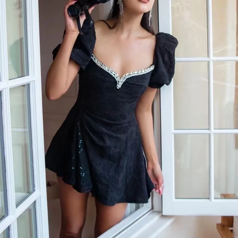 Женское мини-платье с бриллиантами, милая шея, пышный рукав, 3D Цветок, Жаккард, блестки, вечерние мини-платья