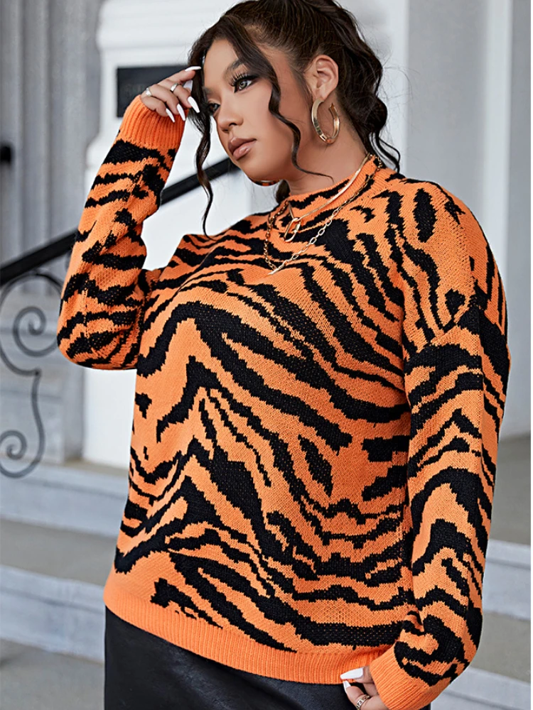 Плюс Размер, Женский Сексуальный Пуловер Свободной Вязки с леопардовым принтом и длинным рукавом, свитер Осенней Моды, Оранжевый, Оверсайз, Уличная одежда в стиле Харадзюку