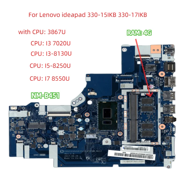 Материнская плата NM-B451 для ноутбука Lenovo ideapad 330-15IKB 330-17IKB Материнская плата с процессором 3855U I3/I5/I7 RAM 4G 100% тестовые работы