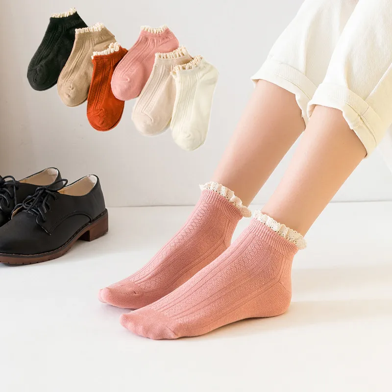Кружевные носки с оборкой для женщин, женские носки до щиколотки для девочек, хлопковые короткие чулочно-носочные изделия в японском стиле Харадзюку, подходящие для весны-осени