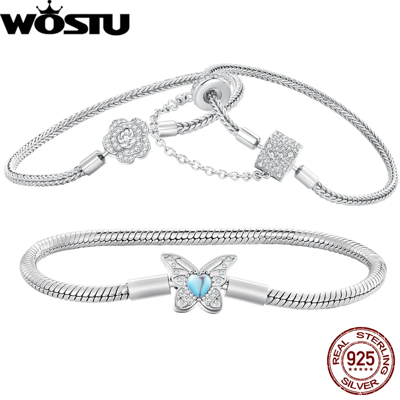 WOSTU, серебро 925 пробы, Базовый браслет в форме сердца, Лунный камень, цепочка с бабочкой, браслет, оригинальные подвески, подарок 